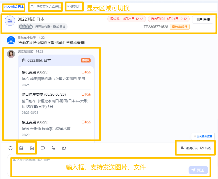 图片展示了资源采购工作台群聊对话框界面。顶部显示“0822测试 - 日本”群聊名称,有“用户行程服务方案详情”“资源列表”“显示区域可切换”三个列表可切换。群内有8名成员,显示了行程方案详情,如接机、整日包车等信息,部分行程已取消。下方有输入框,支持发送图片、文件,右下角有“邀请好友”“转线”按钮。该图与文档中介绍群聊对话框功能的上下文对应,直观呈现了群聊对话框的界面及部分功能。