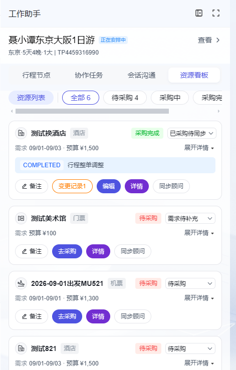 图片展示的是工作助手中资源看板界面。上方显示行程名称及状态,下方有行程节点、协作任务、会话沟通、资源看板等选项,当前选中“资源看板”。列表中呈现了多个资源采购任务,如测试换酒店、测试美术馆门票、2026 - 09 - 01出发MU521机票等,每个任务有“去采购”“详情”“同步顾问”等操作按钮,部分任务状态为“待采购”,如测试美术馆门票、2026 - 09 - 01出发MU521机票等。该图与上下文介绍的资源采购工作台中资源看板功能相契合,直观呈现了该功能的操作区域及任务列表。