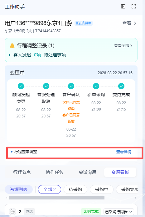 图片展示的是用户136****9898东京1日游正在安排中的行程调整记录详情。记录显示有1项待处理事项,变更单发起于2026 - 08 - 22 20:57:16,包含顾问发起变更、客服处理取消、客户确认取消、新单采购新增等环节,各环节时间分别为08 - 22 20:57、08 - 22 20:57、08 - 22 21:00、08 - 22 21:15。下方有“行程整单调整”查看详情选项,以及行程节点、协作任务、会话沟通、资源看板等导航栏。该图与文档中行程调整和资源变更流程介绍相关,直观呈现了变更单的处理流程。