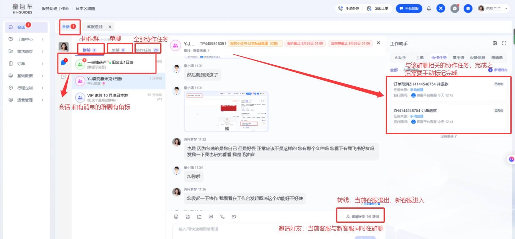 该图片呈现的是客服工作台界面,界面左侧标注出协作群(带“待服”标识)、全部协作任务的位置,且明确显示会话和有消息的群聊带有角标。界面中间是聊天窗口,下方有“邀请好友,当前客服与新客服同时在群聊”的标注。界面右侧的工作助手板块,被红色箭头和文字标注说明:当咨询相关的协作任务完成后,会标注为手动标记完成。该图片对应文档中客服工作台的协作任务相关界面展示内容,辅助说明协作任务的相关操作与状态标记规则。